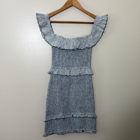 Storia Off The Shoulder Mini Dress Smocked Ruffle Cotton Linen Stripe Blue Sz S - Picture 8 of 10